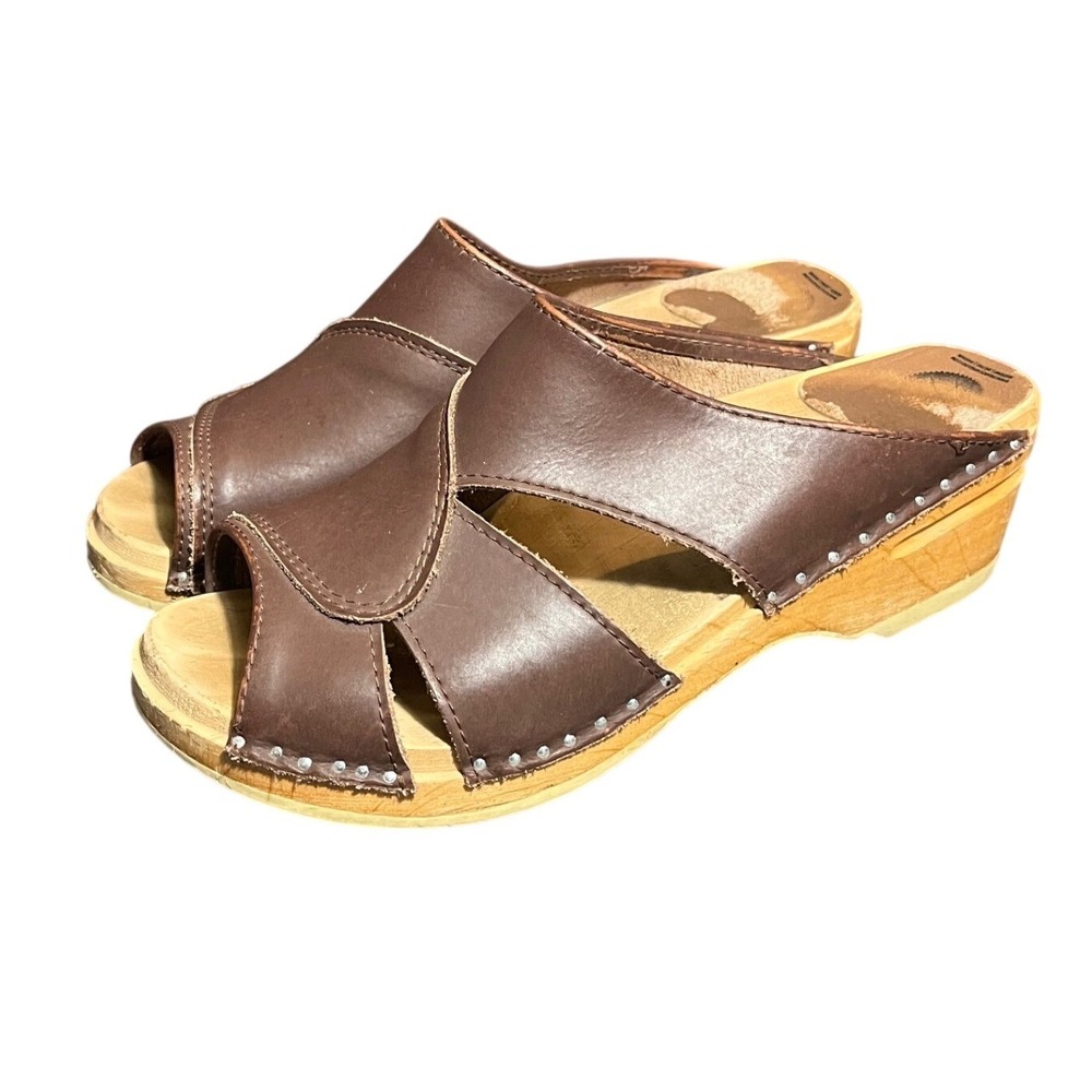Troentorp Mariah Clog Sandals Womens 38 Brown Leather Wood Wedge Open Toe Mules